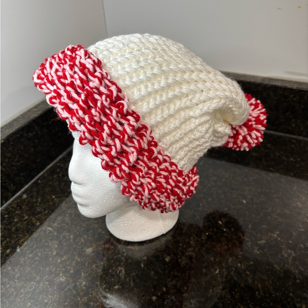 NWOT Red/Pink/White Slouchy Knit Beanie with Pom Pom